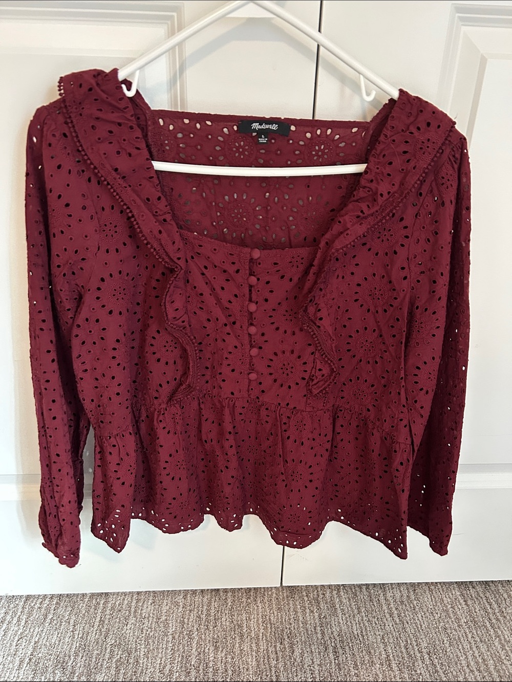 Madewell Burgundy Eyelet Ruffle Button-Front Blouse